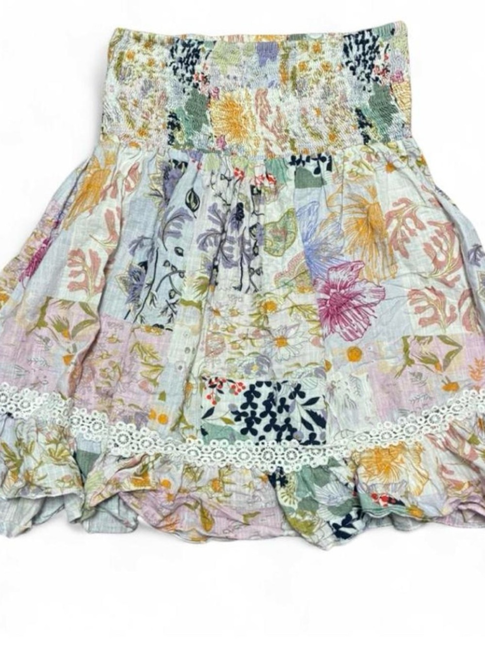100% Cotton Boho Floral Smocked Mini Skirt Lace Trim Cottagecore Festival S-L